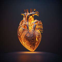 golden heart human organ on black background. Generative ai