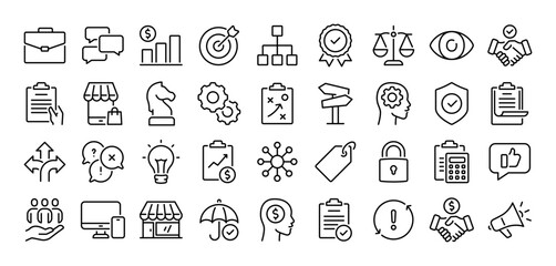 Business and marketing related editable stroke outline icons set isolated on white background flat vector illustration. Pixel perfect. 64 x 64.