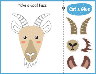 Wall Mural - Make a goat face funny game for kids. Cut and glue educational activity page. Matching game with farm character. Vector illustration