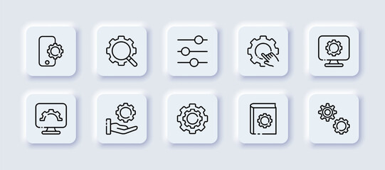 Wall Mural - Settings set icon. Gear, slider, construction, dropdown menu, software, hardware, head, download, magnifier, control, arrow, fix, hand, phone, laptop, repair. Neomorphism style. Vector line icon