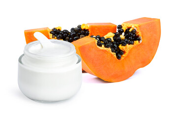 Poster - Papaya beauty skin care cream in glass jar isolated on white background.