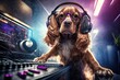 Cocker spaniel Dog animal is a resident dj in the club People dancing on background illustration generative ai