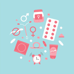 types of contraception. pills, calendar, patch, condom and coil. vector illustration in a flat style
