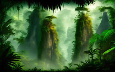 Wall Mural - Mystic scenery in rainforest with shining light. Generative Al Illustration.