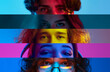 © master1305 - Collage. Human eyes of diverse people placed in narrow lines over multicolored background in neon light. Attentive look. Concept of human emotions, facial expression, youth, lifestyle.