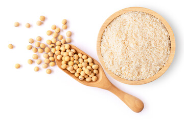 Sticker - Soy protein powder or soya flour in wooden bowl and soybeans isolated on white background. Top view. Flat lay.