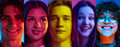 © master1305 - Collage made of five different people. Young man and woman looking on camera with diverse emotions. Neon portraits. Smiling. Concept of human emotions, facial expression, youth, lifestyle.