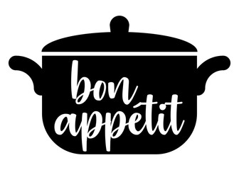 Poster - Logo restaurante. Letras de la palabra bon appetit con forma de silueta de olla con tapa. Texto manuscrito bon appetit