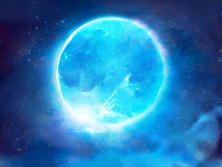Fantasy background illustration of starry night sky and blue full moon