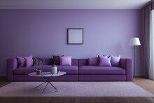 Living Room With Two Sofas. Very Peri Trend Color - Digital Lavender. Grey Purple Empty Walls Background. Modern Interior Design. 3d Rendering. Generative AI