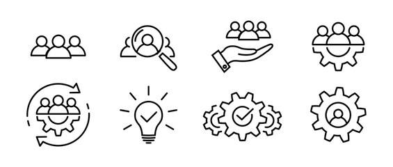 business thin line icon set. teamwork process symbols in flat. customer search and care signs isolat