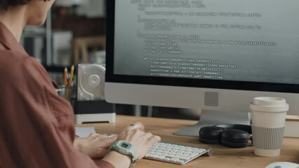 Rear view of young female IT specialist writing computer codes on big monitor to develop new software