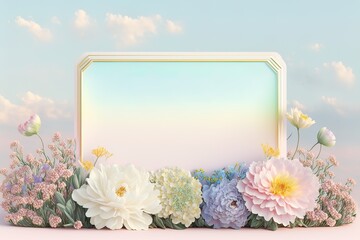 Wall Mural - Creative Spring frame made of fresh, pastel, field flowers and leaves. Copy, empty space. Soft pastel background, flat lay. Floral colorful decoration. Illustration, Generative AI.