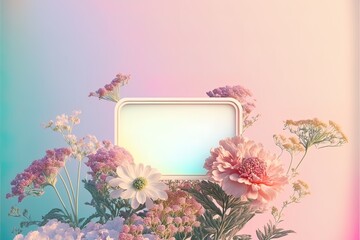 Wall Mural - Creative Spring frame made of fresh, pastel, field flowers and leaves. Copy, empty space. Soft pastel background, flat lay. Floral colorful decoration. Illustration, Generative AI.