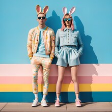 Abstract, Modern, Easter Bunny Dressed, Standing And Posing Couple In Love. Trendy Modern Hipster, Animal In Fashion Suit. Big Rabbit Ears. Illustration. Generative AI.