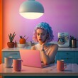© Uncanny Valley - Young, beautiful, hardworking smiling girl at her workplace, working hard in the office at her laptop. Purple neon lights. Pleasant working atmosphere. Illustration. Generative AI.