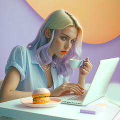 Young, beautiful, hardworking smiling girl at her workplace, working hard in the office at her laptop. Purple neon lights. Pleasant working atmosphere. Illustration. Generative AI.