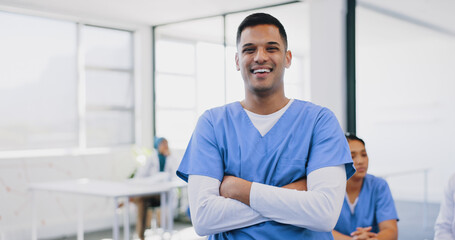 Aufkleber - Face, healthcare and insurance with a nurse man standing arms crossed in a hospital for medical treatment. Portrait, doctor and trust with a male medicine professional in a clinic for diagnosis