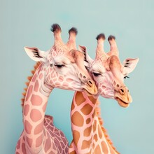 Animal Tender, Romantic Love, Pastel Background. Baby Giraffes Hug And Cuddle. Valentine's Day In The Animal World. Illustration, Generative AI.