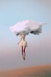 © Uncanny Valley - Abstract creative concept of pastel, thick, fluffy, white clouds in the sky. Abstract loving woman fly in her mind, landscape illustration. Generative AI.