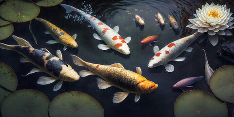 A school of koi fish in a pond, generative art