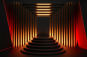 Stage podium scene for Award celebration or product presentation on red background with lighting, generative ai.