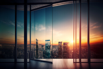 Big city view with glowing sun or sunset on cloudy sky background skyline cityscape, view through window of luxury office high tower for business background concept. Generative AI