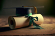 A diploma rolled up and tied with a ribbon with academic cap or graduate cap, representing the idea of education and learning as of achieving success at university or college graduation. Generative AI