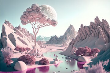 Pastel colors gentle landscape of nature, mountains, plants and trees. Soothing colors, escape to nature. Illustration background, Generative AI.