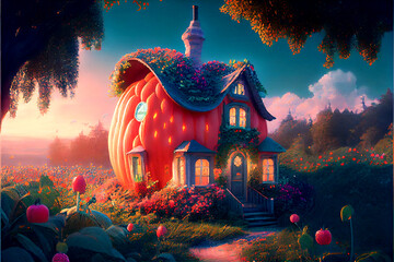 Fantasy pumpkin house in garden with strawberries and trees, ai illustration