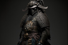 Shogun On A Black Background With Gilded Armor. Sengoku Period Warrior, Swordsman, Katana, Full Set Of Armor, Black Colors, High Resolution, Illustrations, Art. AI