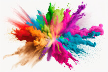 Multicolored Explosion Of Rainbow Holi Powder Paint Isolated On White Background. Generative AI