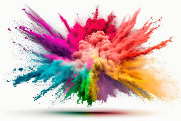 Multicolored explosion of rainbow holi powder paint isolated on white background. Generative AI