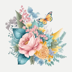 Poster - Watercolor floral bouquet - illustration with butterfly, blush pink blue yellow vivid flowers . Decorative elements template. Flat cartoon illustration isolated on white background