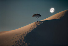Night Desert Landscape With Dune Slope, Single Tree And Fool Moon. AI Generative Digital Art.