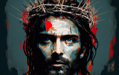 Wall Mural - Abstract portrait of Jesus Christ wearing a crown of thorns. Generative ai