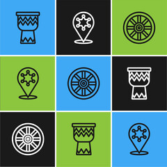 Canvas Print - Set line Drum, Old wooden wheel and Hexagram sheriff icon. Vector