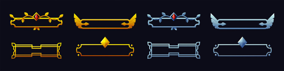 RPG game buttons. Golden empty frames. Medieval gold or metal elements for user interface. Bronze or silver decorations. Fantasy gaming metallic borders set. Vector recent illustrations
