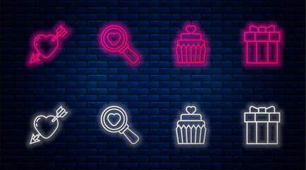 Sticker - Set line Search heart and love, Wedding cake with, Amour arrow and Gift box. Glowing neon icon on brick wall. Vector