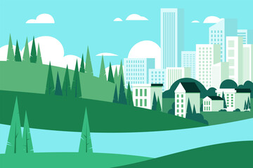 Town landscape, city background, green urban panorama. Tree on cityscape skyline, nature scene, home environment, lake or river. Cartoon flat style illustration. Vector flat garish backdrop