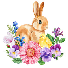 spring bunny and chick with flowers, baby animal on isolated background. Watercolor hand drawn illustration