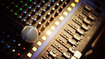 Close-up microphone and sound mixer in studio for sound record control system and audio equipment and music instrument