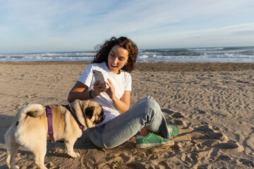 Wall Mural - cheerful woman in white t-shirt taking photo of pug dog on sandy beach in Barcelona.