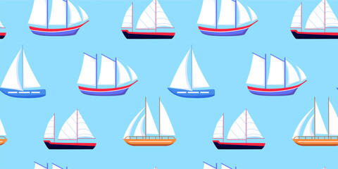 Sail boat, marine nautical boat pattern. Sailboat ship in ocean or sea, water regatta, summer nature. colorful childish print, decor textile, wrapping paper. Vector seamless recent elements