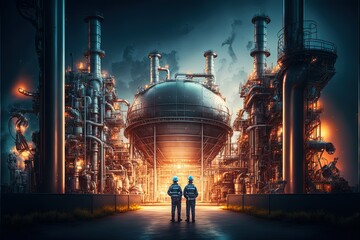 Oil rafinery with people at work. Large industrial rafinery with intricate pipelines. Generative Ai.