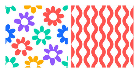 Set of 2 seamless patterns with colorful flowers and red wavy lines