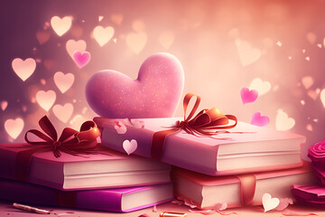 Wall Mural - Heart-shaped books in pink create the perfect V-day stock photo. Ideal for holiday themes & love stories. gift box with ribbon