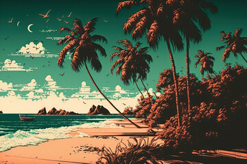 Wall Mural - tropical beach. retro color style. travel vacation concept. generative ai