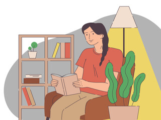 Cute young woman reading book. Hobby concept. Hand drawn vector cartoon style illustration 