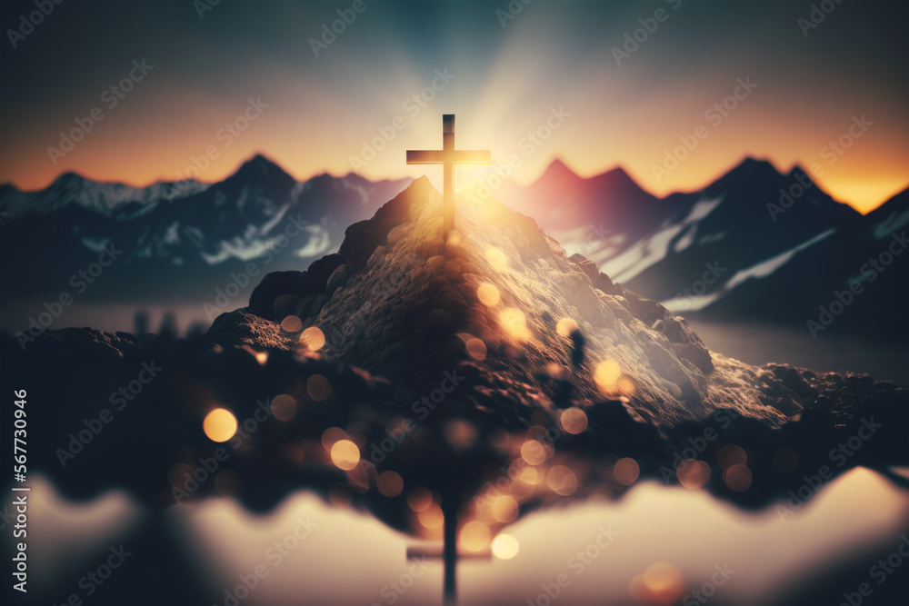 Crucifixion of Jesus Christ - Cross at sunrise on a mountain Stock ...